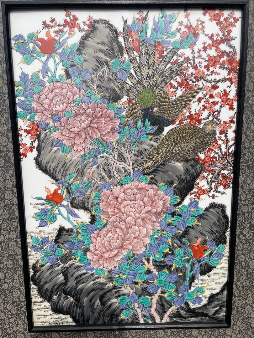 蔵出し 有田焼 伝統工芸士　神右衛門 最上位作 染錦 孔雀絵　屏風　高さ125