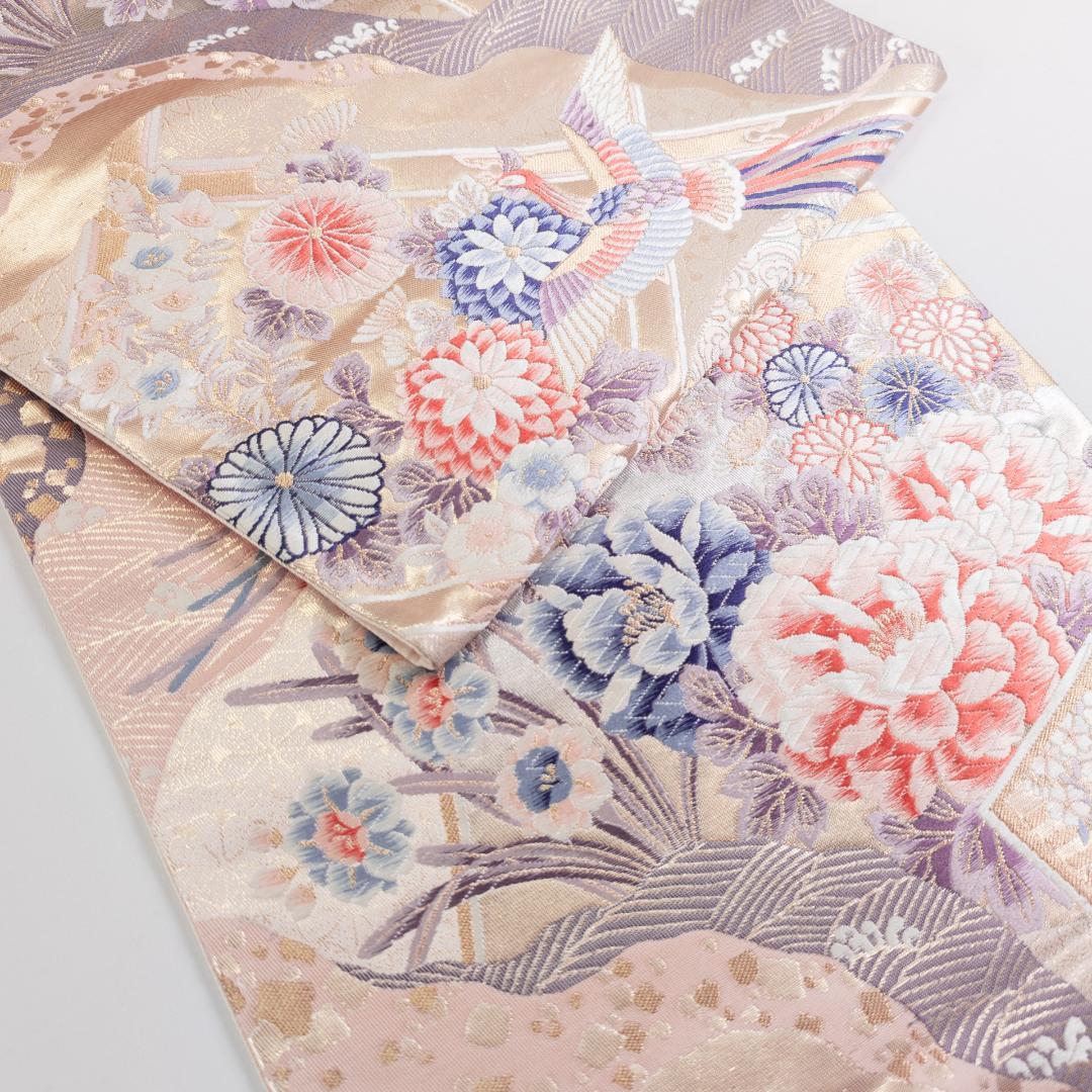 S R7SK1321 振袖+帯 2点セット 花 道長花鳥文 扇 ピンク