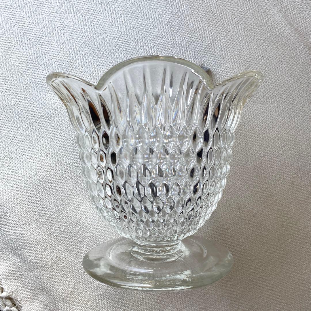 ①70年代 フルーツポンチ クリアプレスガラス 器 大型 花型 お玉付