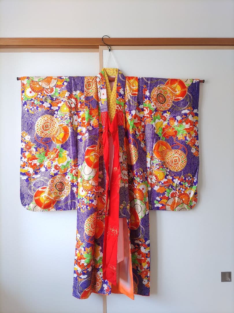 七五三用着物　7歳　紺　紫　金　フルセット　作り帯　正統派　レトロ　まとめて　緑