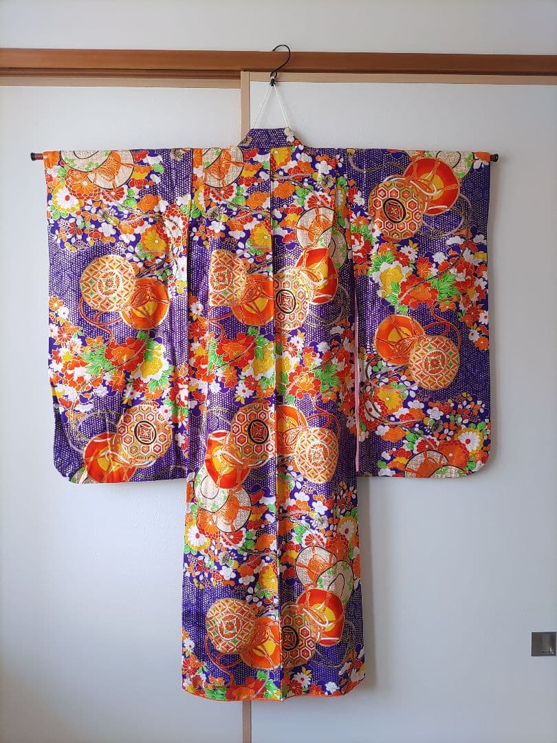 七五三用着物　7歳　紺　紫　金　フルセット　作り帯　正統派　レトロ　まとめて　緑