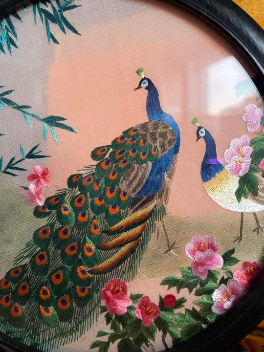 美品中国美術工芸刺繍両面手作り孔雀