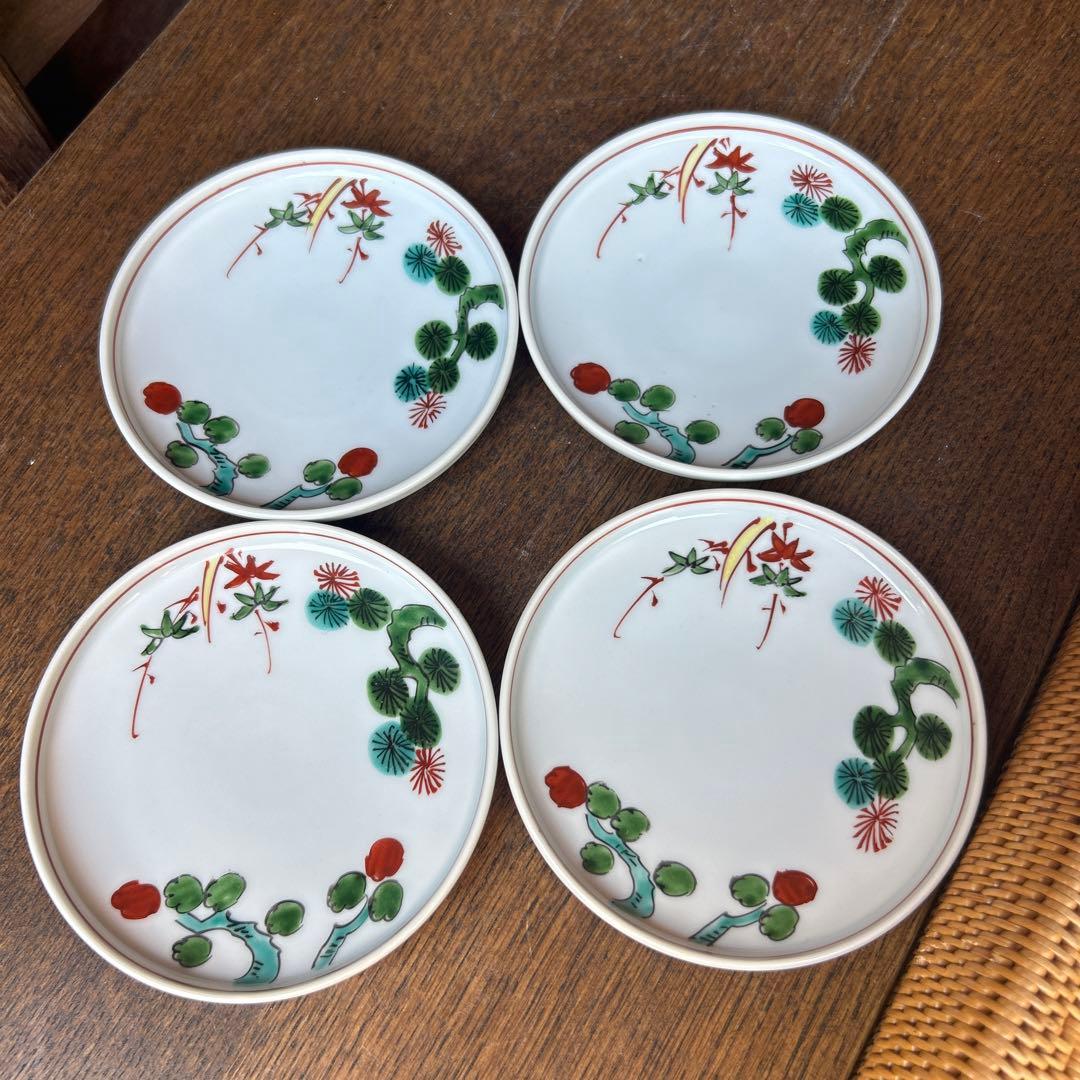 有田焼 源右衛門窯 染付 松の木 鳥 緑 茶碗蒸し 碗 小皿 4客組