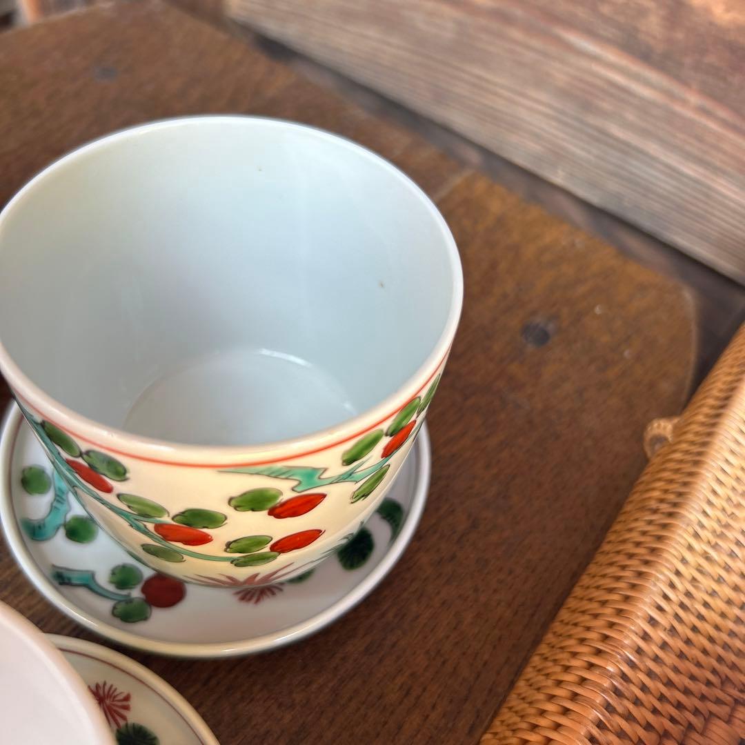 有田焼 源右衛門窯 染付 松の木 鳥 緑 茶碗蒸し 碗 小皿 4客組