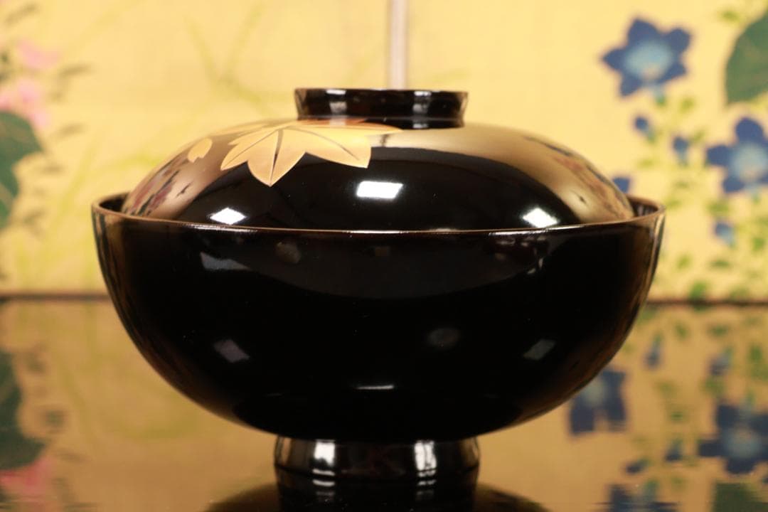 BJ110　時代輪島塗　流水紅葉桜図蒔絵　吸物椀　五客　木製　茶道具 懐石 会席