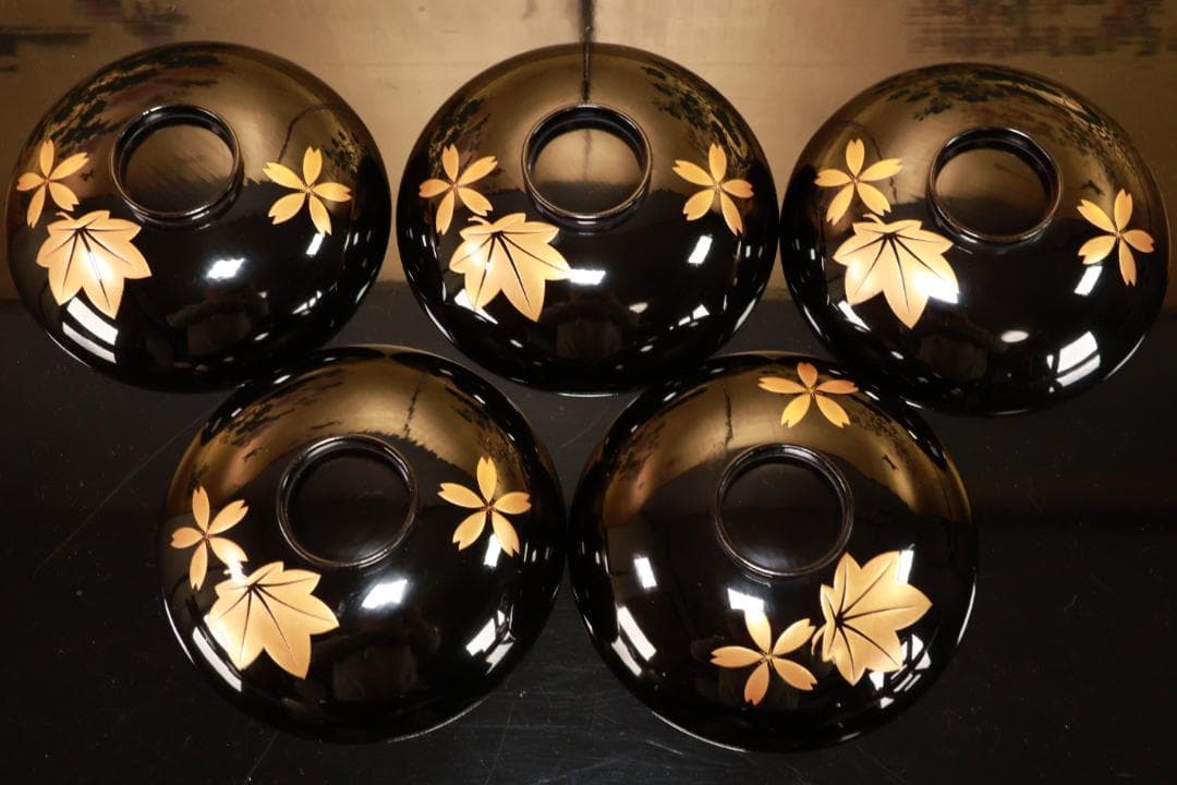 BJ110　時代輪島塗　流水紅葉桜図蒔絵　吸物椀　五客　木製　茶道具 懐石 会席