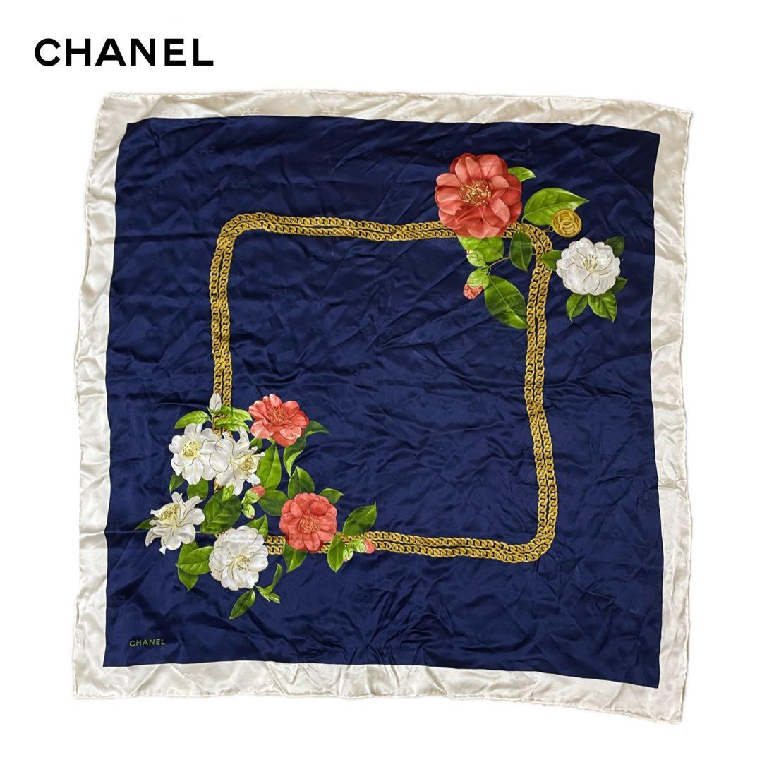 CHANEL 花柄　シルク　スカーフ ネイビー　ヴィンテージ