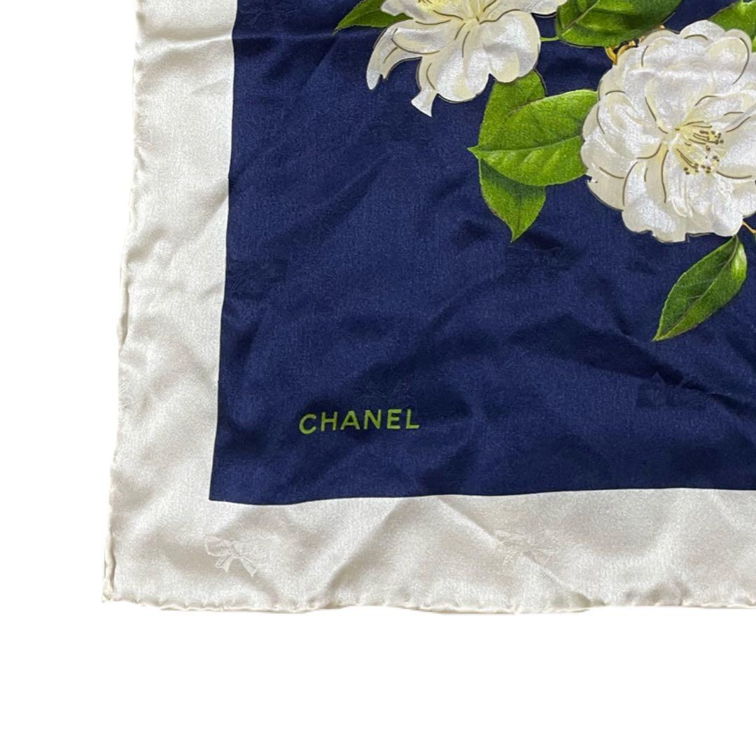 CHANEL 花柄　シルク　スカーフ ネイビー　ヴィンテージ