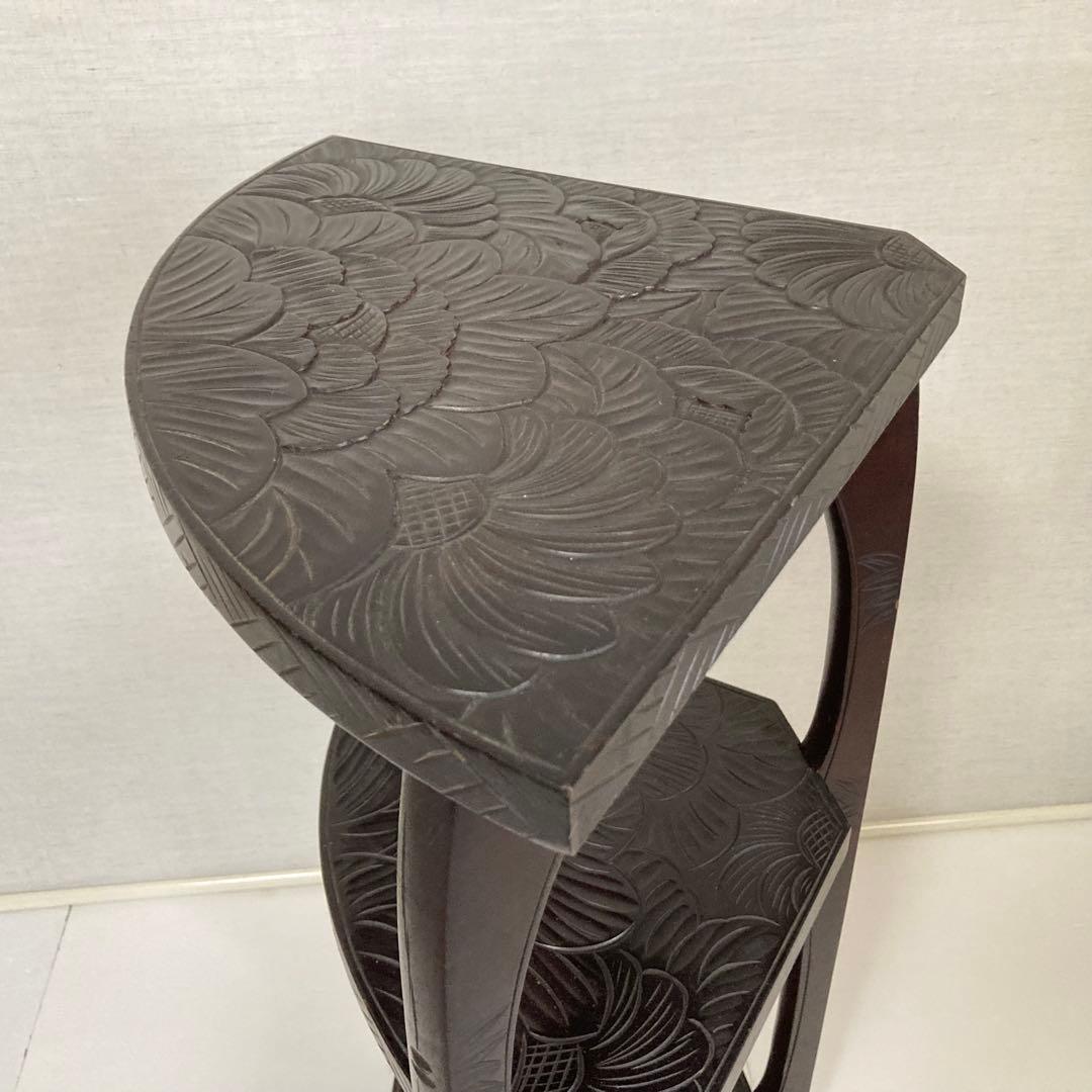 日光彫 飾り棚 置物棚 コーナーラック 花台 3段 木彫り 彫刻 木製 レトロ