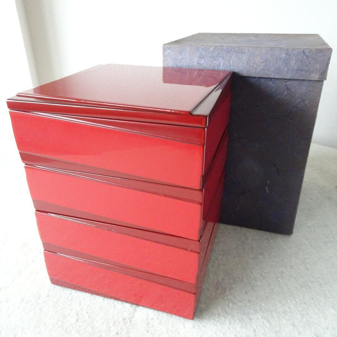 重箱　会津塗　漆器　4段重　天然木　本漆　朱赤　黒　漆工芸　吉田乙郎　モダン柄