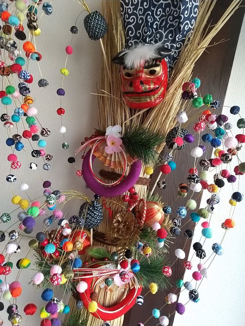 お正月飾り♪ボリュームポンポン玉飾り棒3本セットちりめん和風インテリア