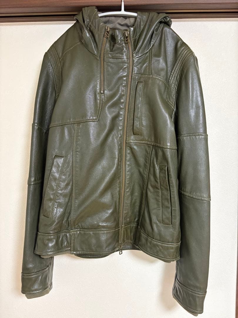 AVIREX フード付きレザージャケット オリーブ