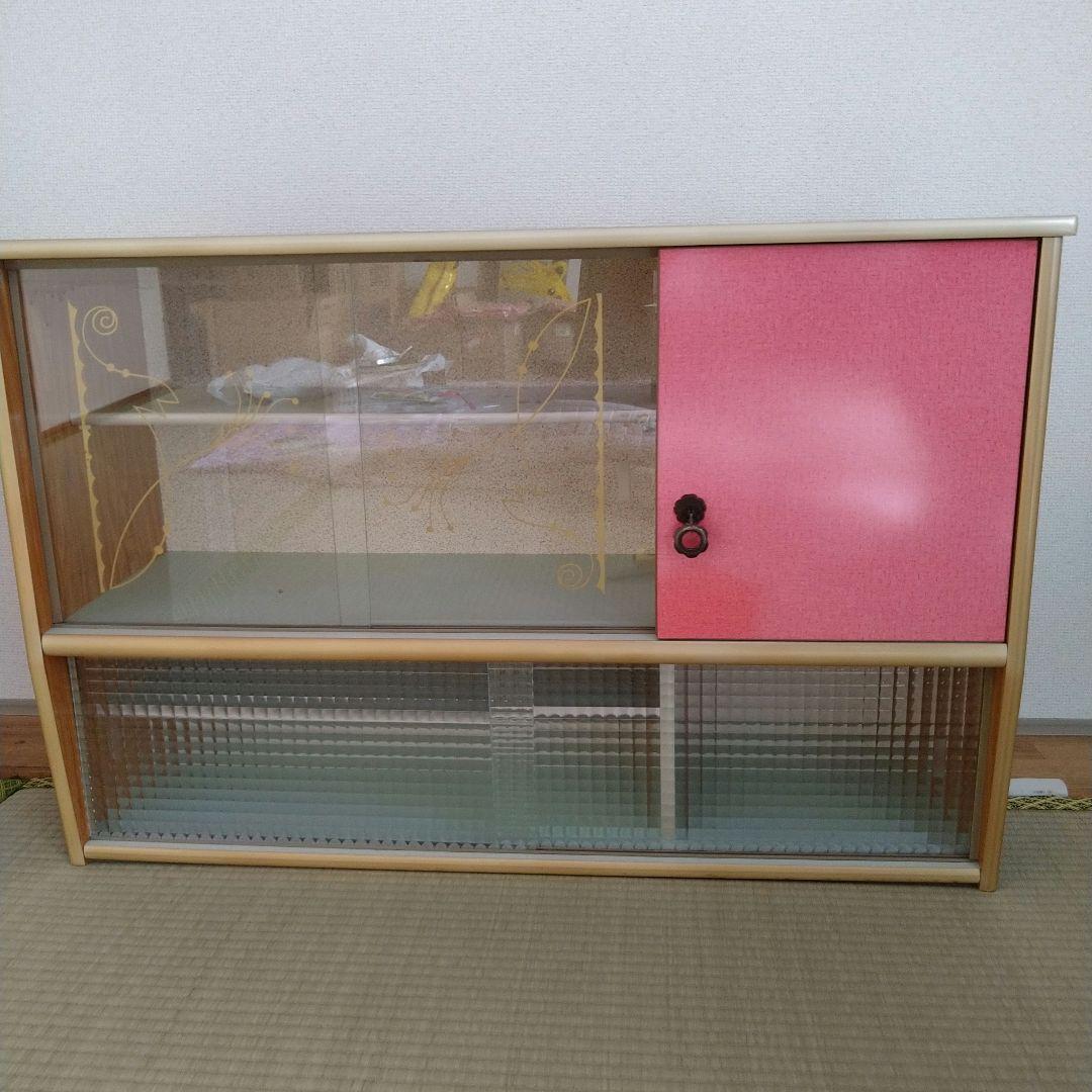レトロ　飾り棚　吊り棚　モザイク硝子　シャビー　昭和　サイドボード　食器棚