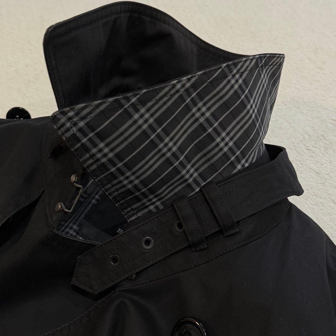 バーバリーブラックレーベル　トレンチコート　ノバチェック　ロゴ刻印釦　黒　XL