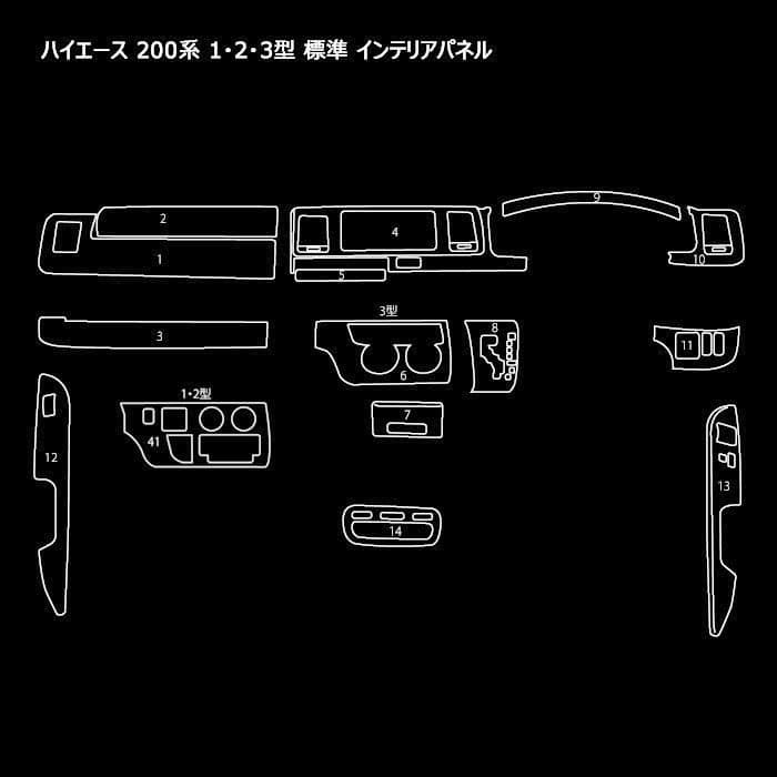 200系ハイエース 1型～3型 標準かワイド インテリアパネル15P 黒×赤