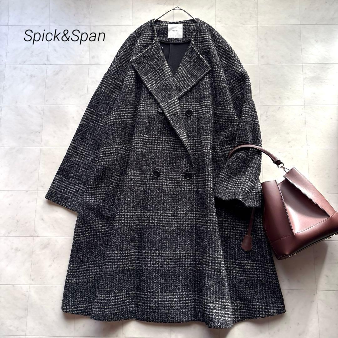 スピックアンドスパン Wスライバーノーカラーチェックポンチョコート