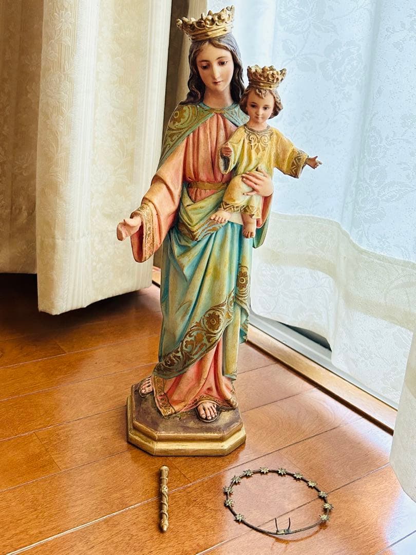 【超超希少46cm】✞イエズス様を抱く聖母マリア像　宗教彫刻　アンティーク