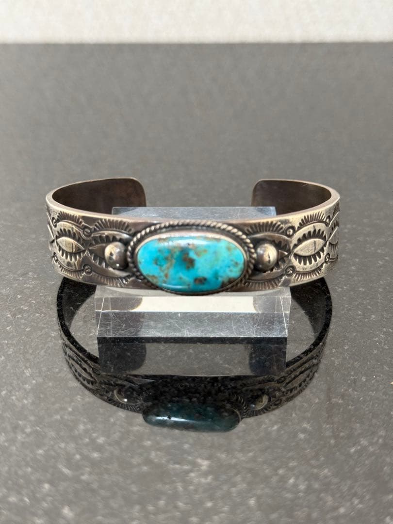 NAVAJO ナバホ WS ターコイズ1石 スタンプワーク シルバーバングル