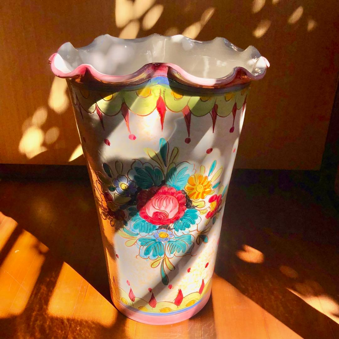 イタリア製高さ42㎝手書き花柄陶器製フリル陶器花瓶傘立てピンク系アンティーク
