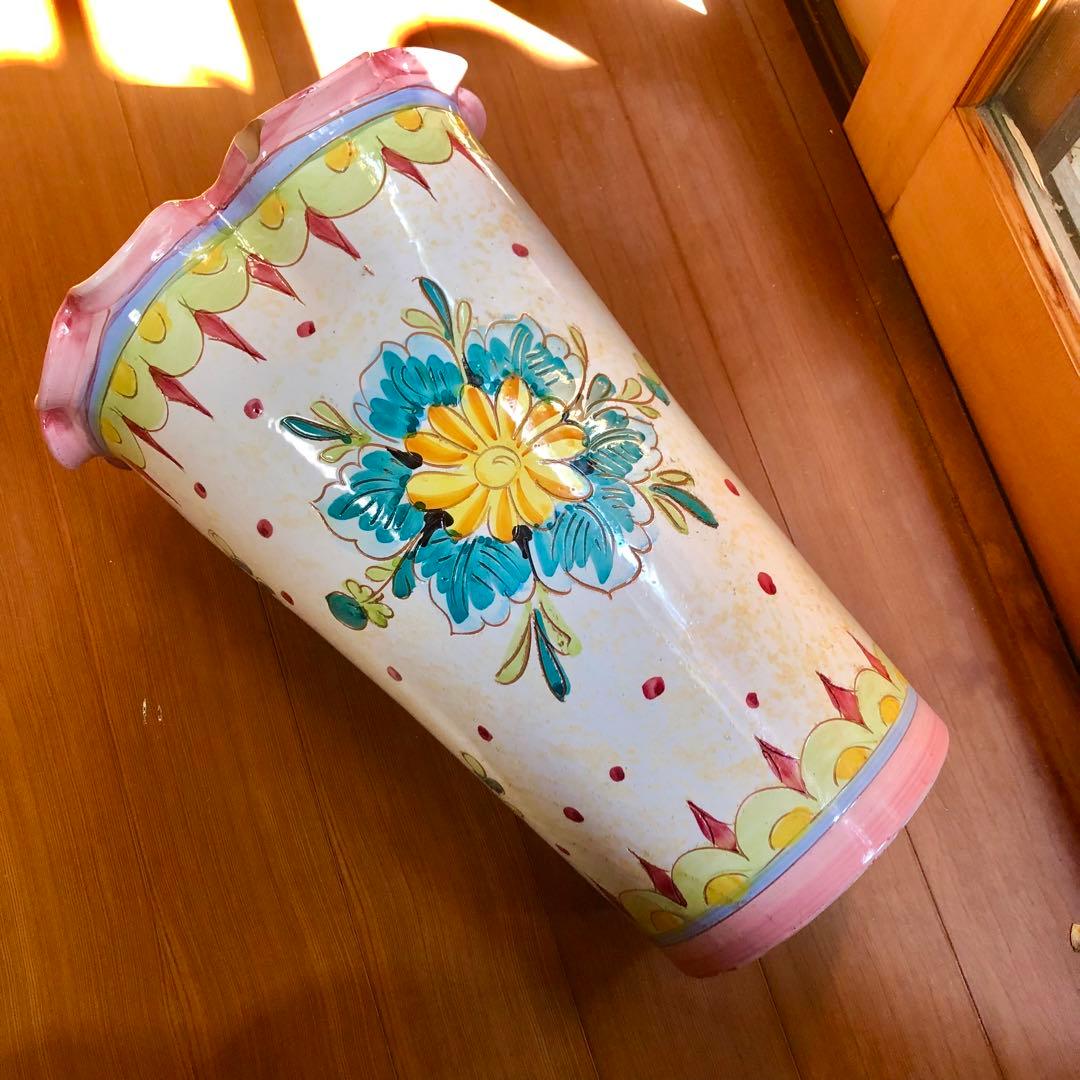 イタリア製高さ42㎝手書き花柄陶器製フリル陶器花瓶傘立てピンク系アンティーク