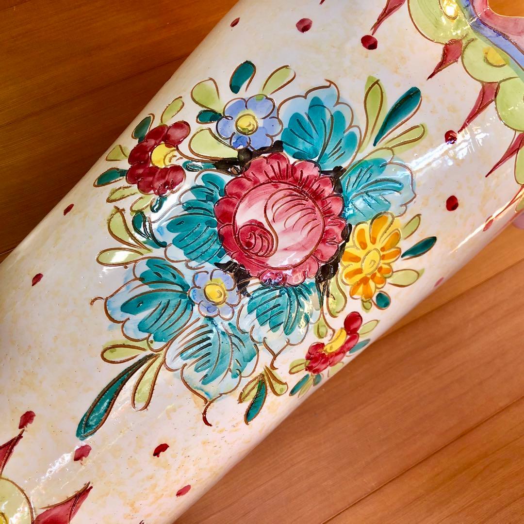 イタリア製高さ42㎝手書き花柄陶器製フリル陶器花瓶傘立てピンク系アンティーク