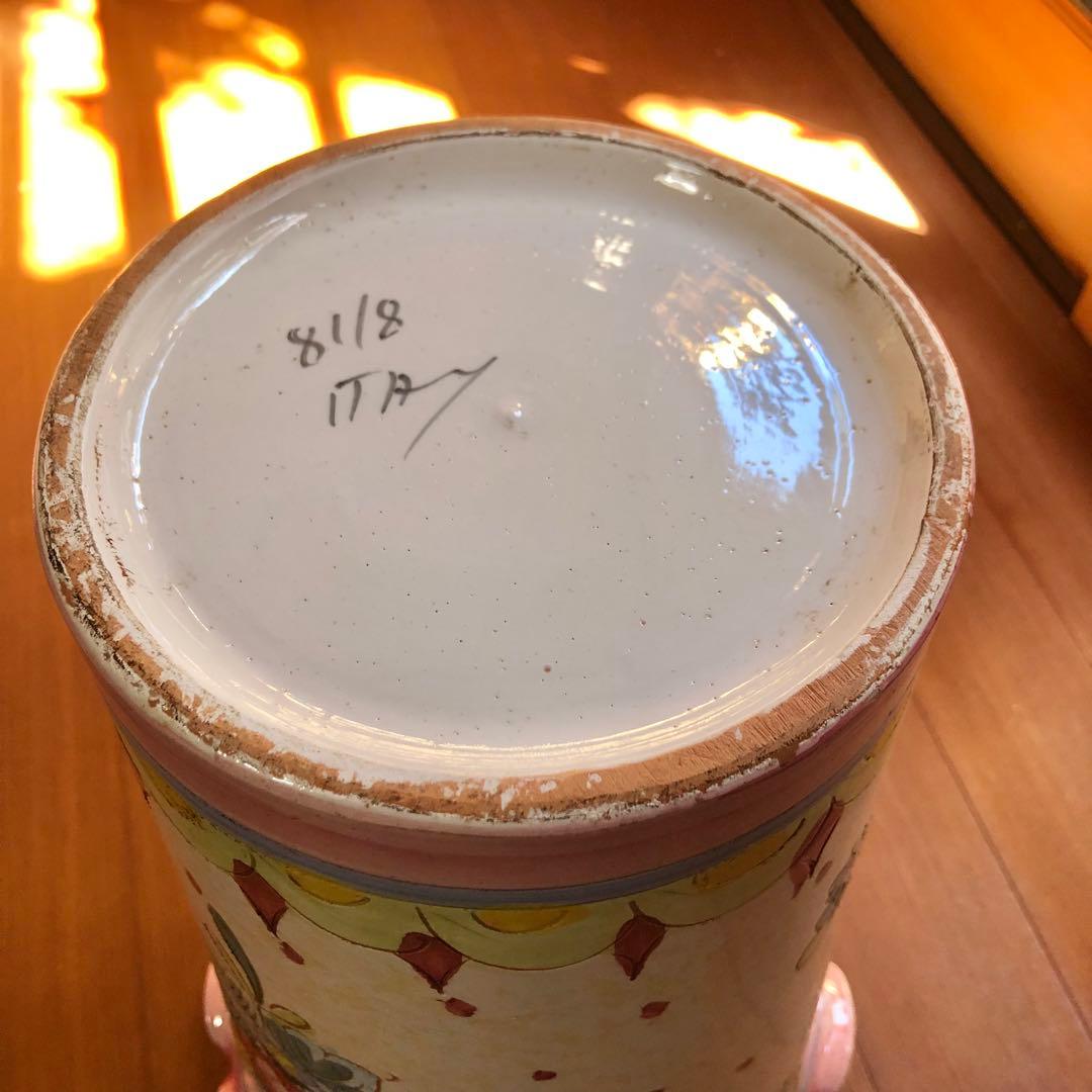 イタリア製高さ42㎝手書き花柄陶器製フリル陶器花瓶傘立てピンク系アンティーク