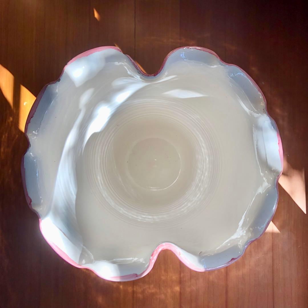 イタリア製高さ42㎝手書き花柄陶器製フリル陶器花瓶傘立てピンク系アンティーク