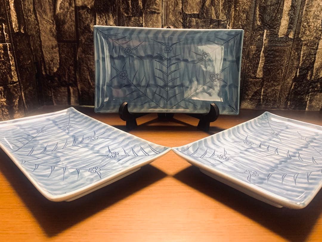 源右衛門窯 染付彫唐草長角皿 3枚 未使用 染付