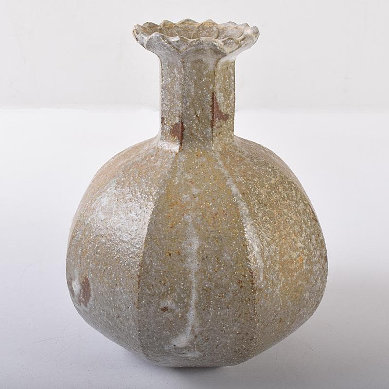 萬古焼　山本広巳作　輪花口　八角花入　共布共箱　V　R7981