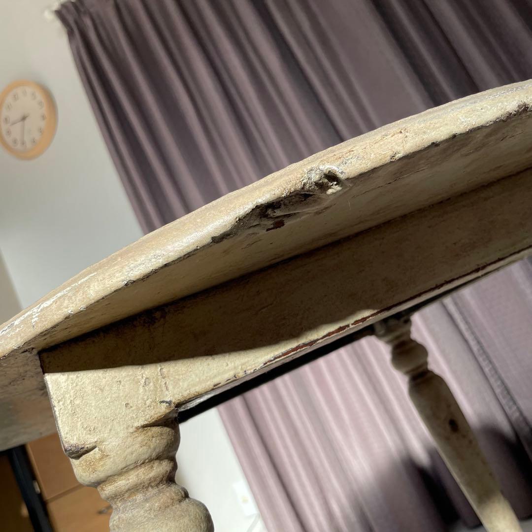 【希少】クリーム色の円形木製カウンターテーブル　アンティーク白丸　ビンテージ