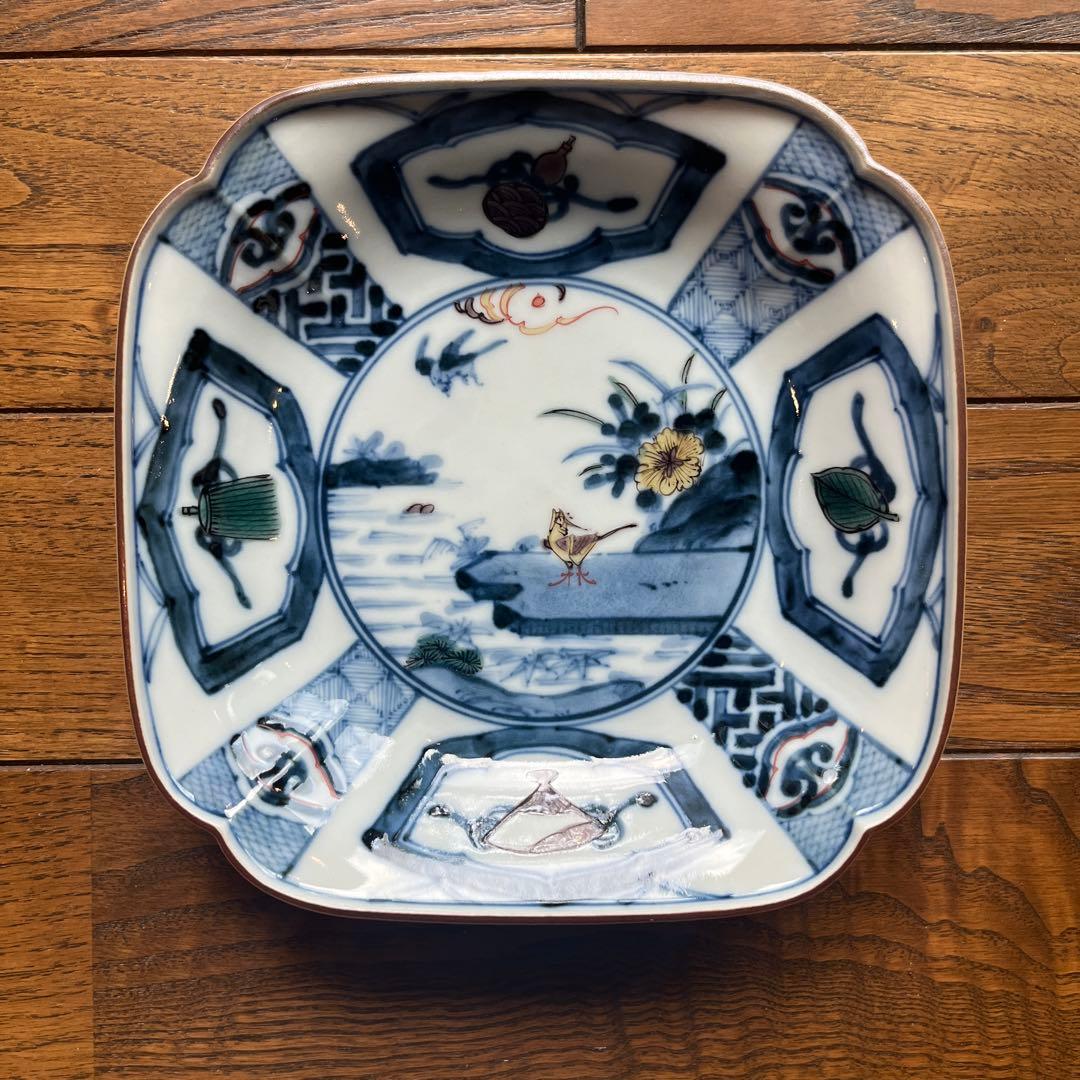 【宮内庁御用窯】 四方皿揃 染色桃花花鳥文 / 山本長左 （木箱入り）5枚揃い