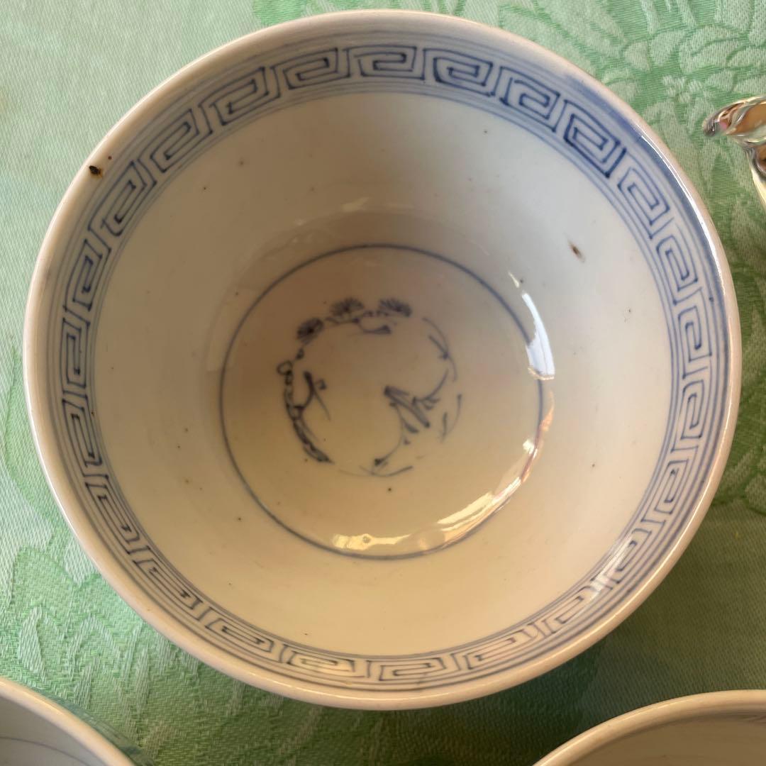 古伊万里　染付　吉祥紋様　牡丹　寿　蓋付きご飯茶碗　3客