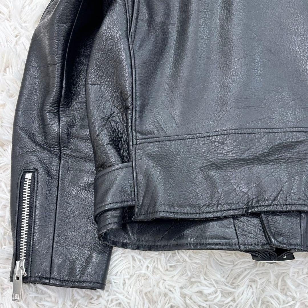 MUSSY ブラック 牛革 ライダースジャケット 黒 ベルト ファスナー 2