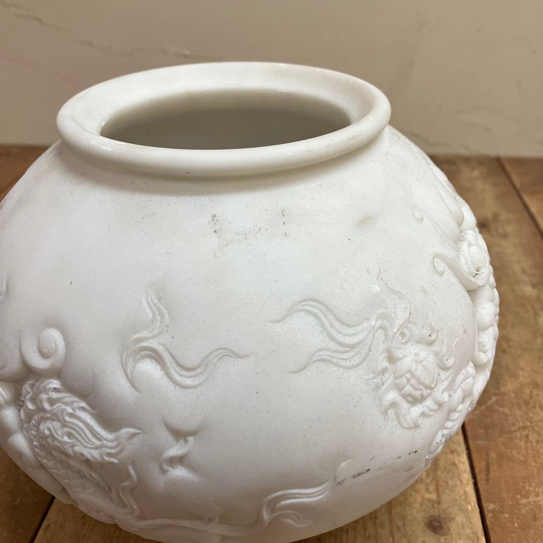 D-4 アンティーク 白大理石 龍彫刻 浮彫 丸壺 香炉 花器 縁起物 骨董