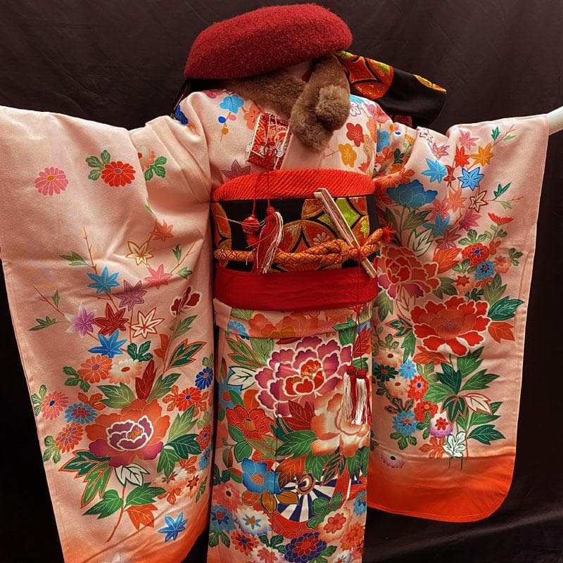 411ag81◎七五三 七歳 女児 着物&袋帯&長襦袢 花車 薄ピンク◎美品