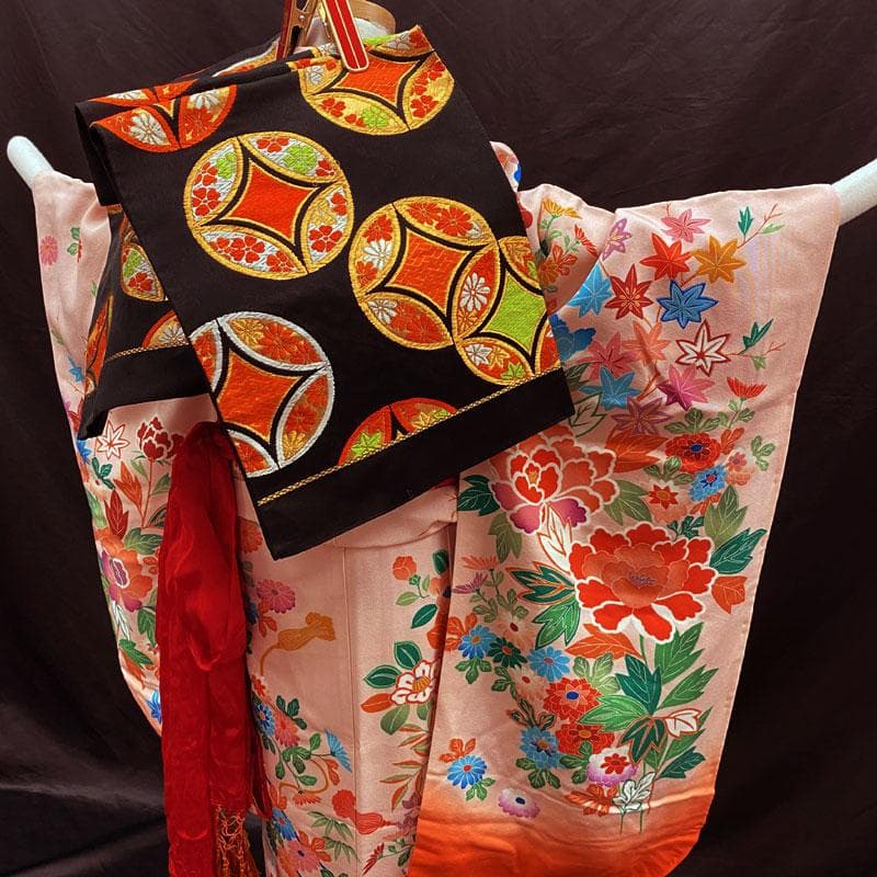 411ag81◎七五三 七歳 女児 着物&袋帯&長襦袢 花車 薄ピンク◎美品