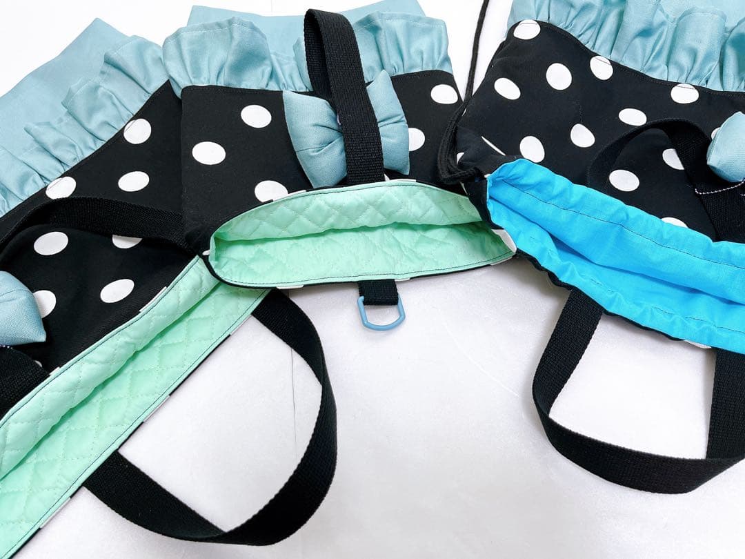 入園入学準備グッズ♡3点セット♡ドットブラック✖️くすみブルー♡フリル♡リボン