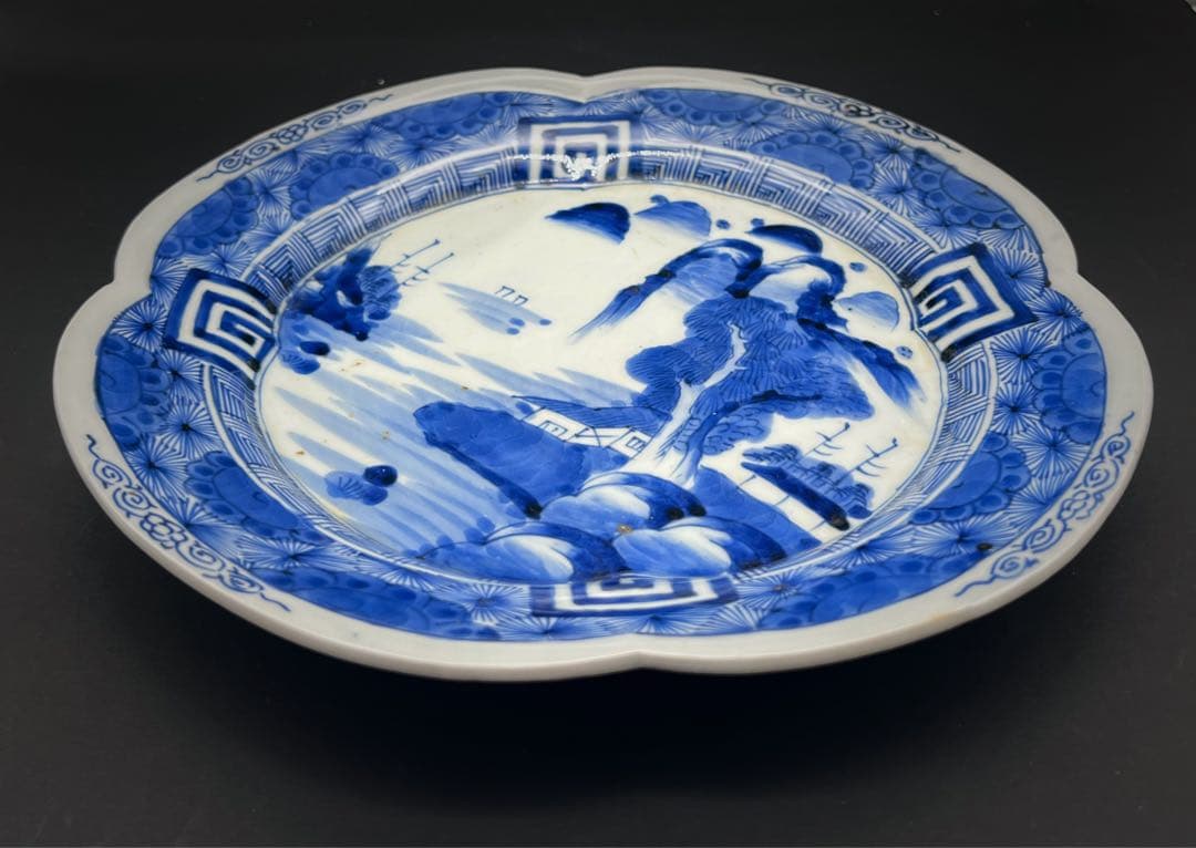 時代物 青華染付 飾り皿 骨董品 アンティーク 山水図 古染付 大皿