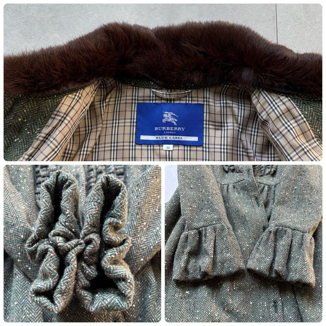 バーバリーブルーレーベル ロングコート ノバチェック ヘリンボーン ラビット