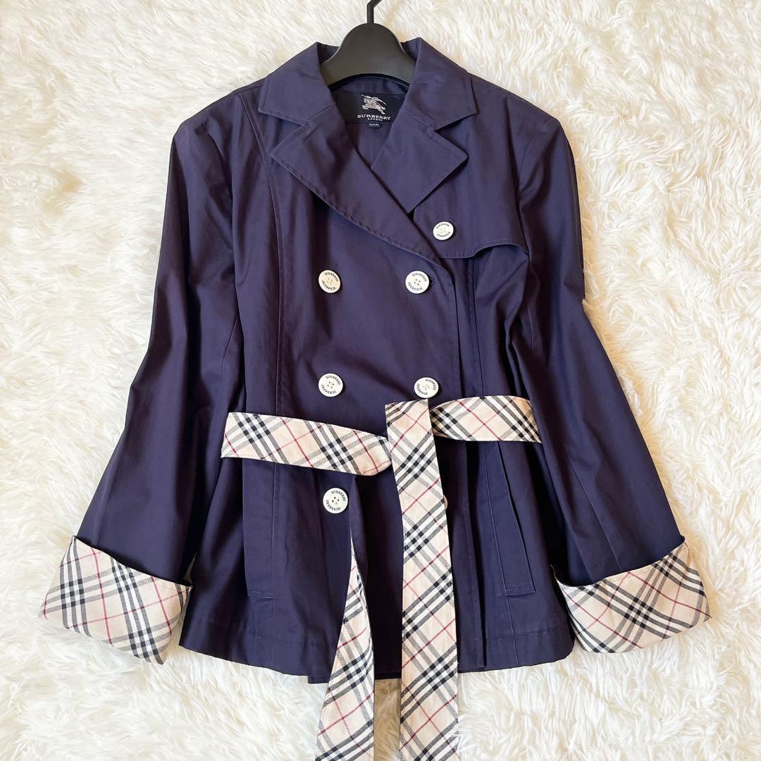 極美品　バーバリー　ハーフトレンチコート　ノバチェック　ベルト　ネイビー