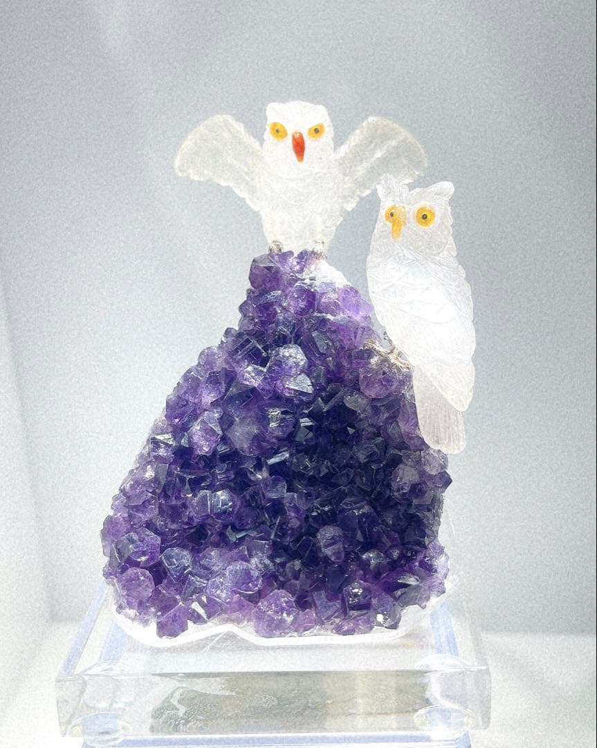 フクロウ 2羽　アメジスト原石台座置物 ブラジル産　NO25-2367