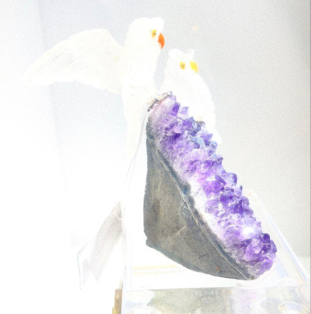 フクロウ 2羽　アメジスト原石台座置物 ブラジル産　NO25-2367