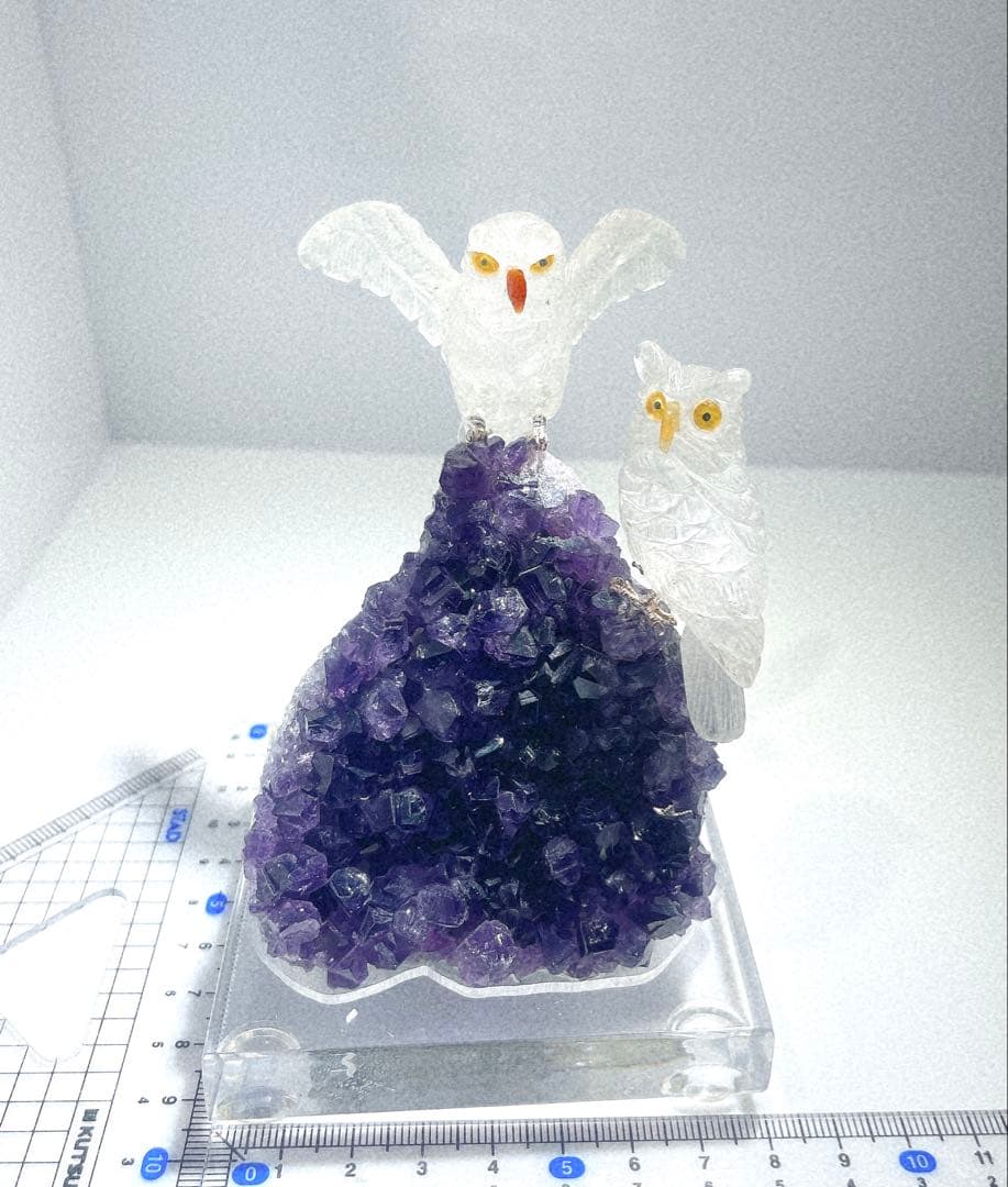 フクロウ 2羽　アメジスト原石台座置物 ブラジル産　NO25-2367