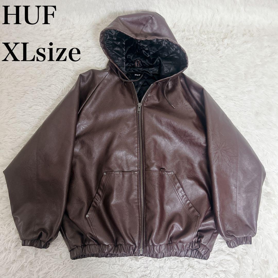 【美品】HUF ハフ フェイクレザー プラントリーフ パーカー ブルゾン XL
