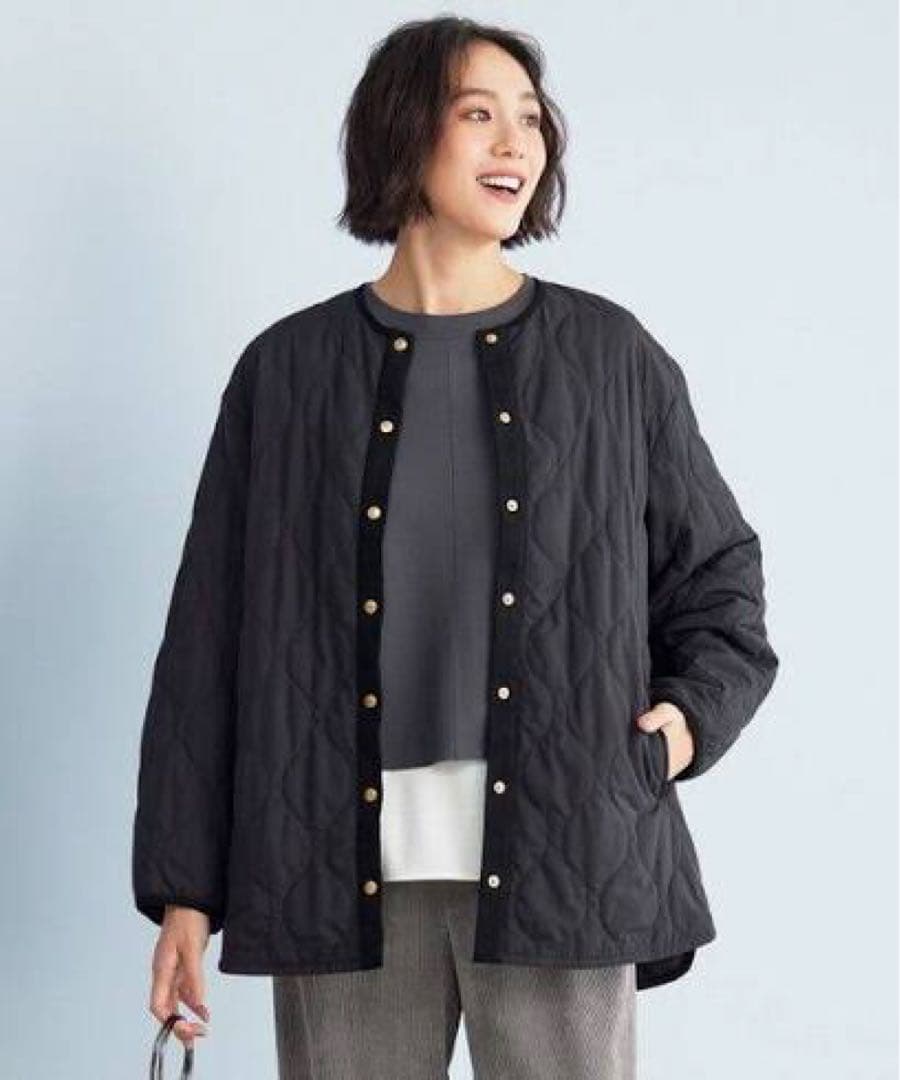 自由区　【洗える】パディングキルト ノーカラージャケット