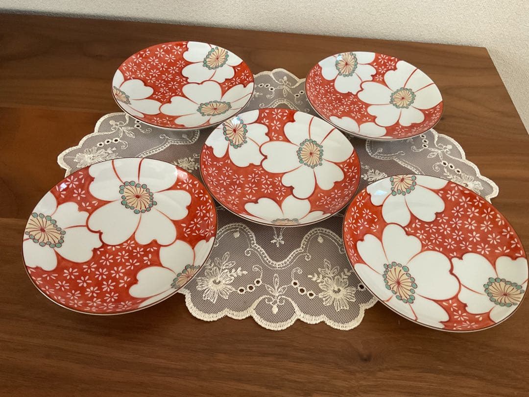 香蘭社　赤絵町工房『山茶花　銘々皿　5枚』小皿　 赤繪町工房
