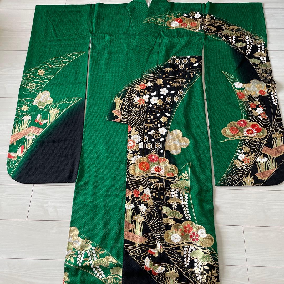 総絞り振袖 花柄 金糸刺繍　帯と小物セット