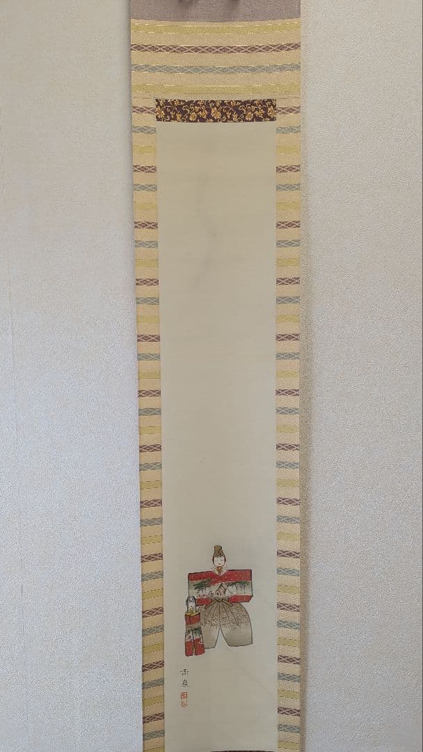 上品な立雛図 掛軸 髙嶺筆 肉筆 絹本 陶器軸【桃の節句・雛祭り】