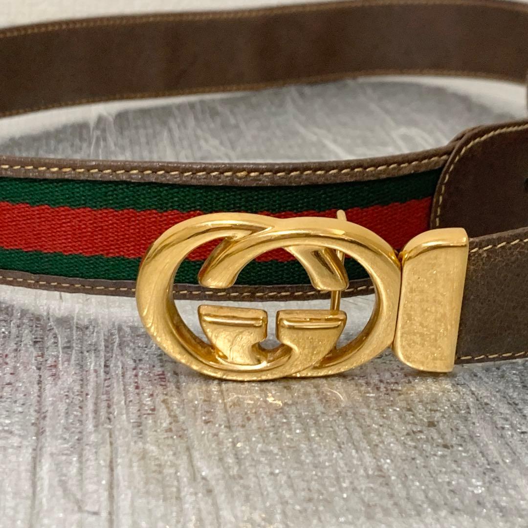 美品GUCCI グッチ　ベルト　シェリーライン　キャンバス　レザー　GGバックル