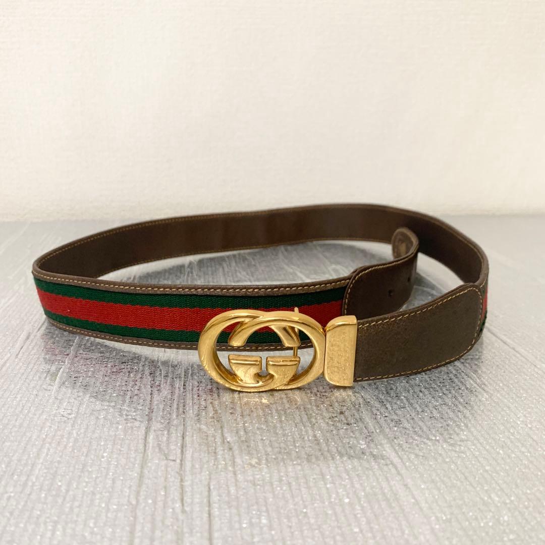 美品GUCCI グッチ　ベルト　シェリーライン　キャンバス　レザー　GGバックル